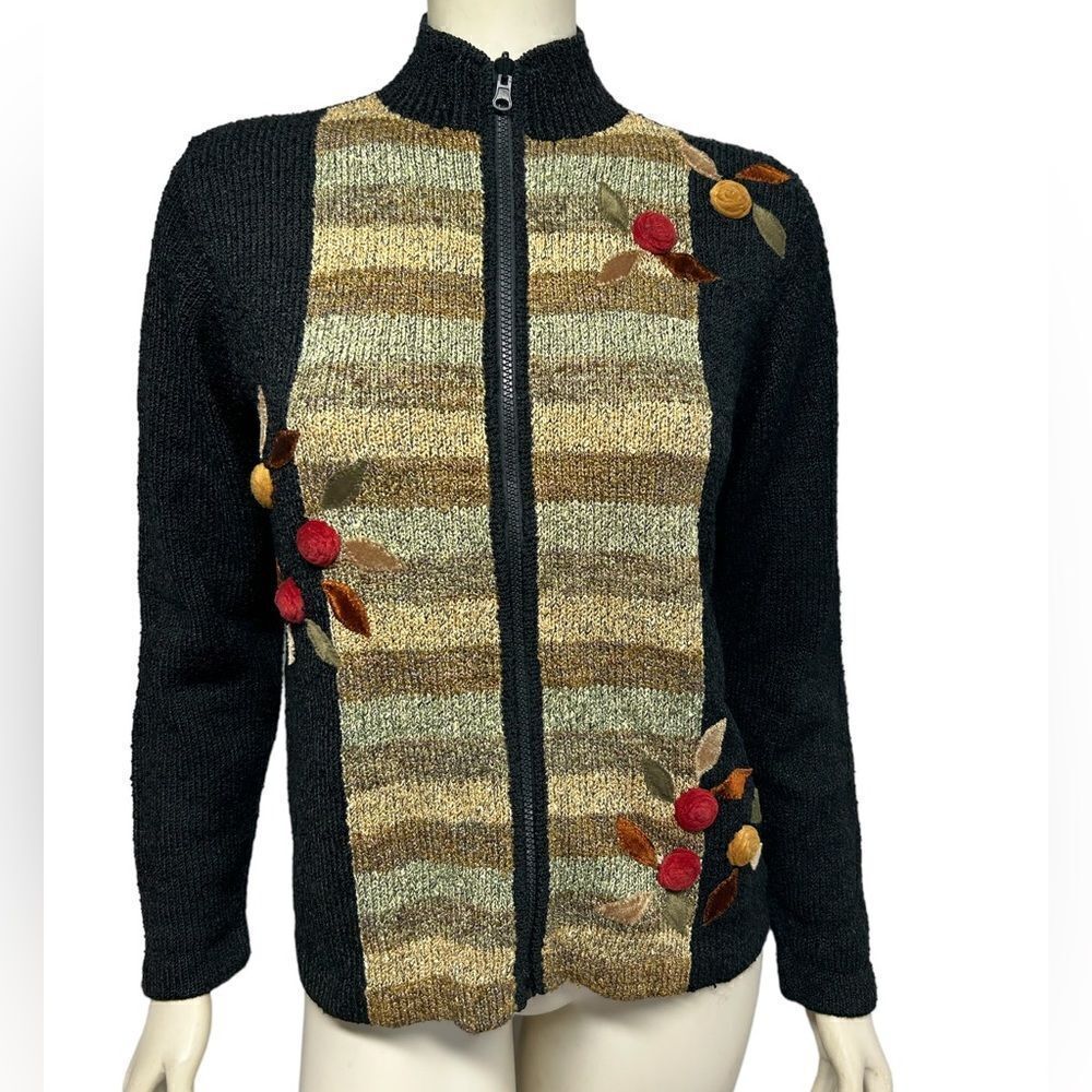 Vintage  Hand Loomed South Cotton Zip Up Sweater Flowers Striped Floral Jumper